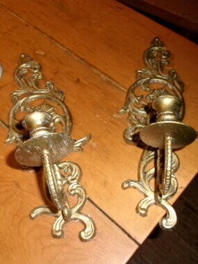 Vtg pair of cast iron sconce candle holders ornate Glam 15 in H 5 w